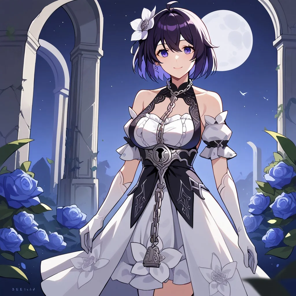 score_9, score_8_up, score_7_up,Captivating Eye Reflections,beautiful detailed eyes,lower eyelid,beautiful detailed face,BREAK ,source_anime,Seele,Stygian Nymph,1girl,medium breast,purple eyes,short hair,dark blue hair,blue inner hair,ahoge,single white flower accessory on the head,white and black dress,white elbow_gloves,2long white ribbons,chain,a lock on the belly,thigh gap,white kneehighs,white and black footwear,smile,walking,ruins,outdoor,moon,night