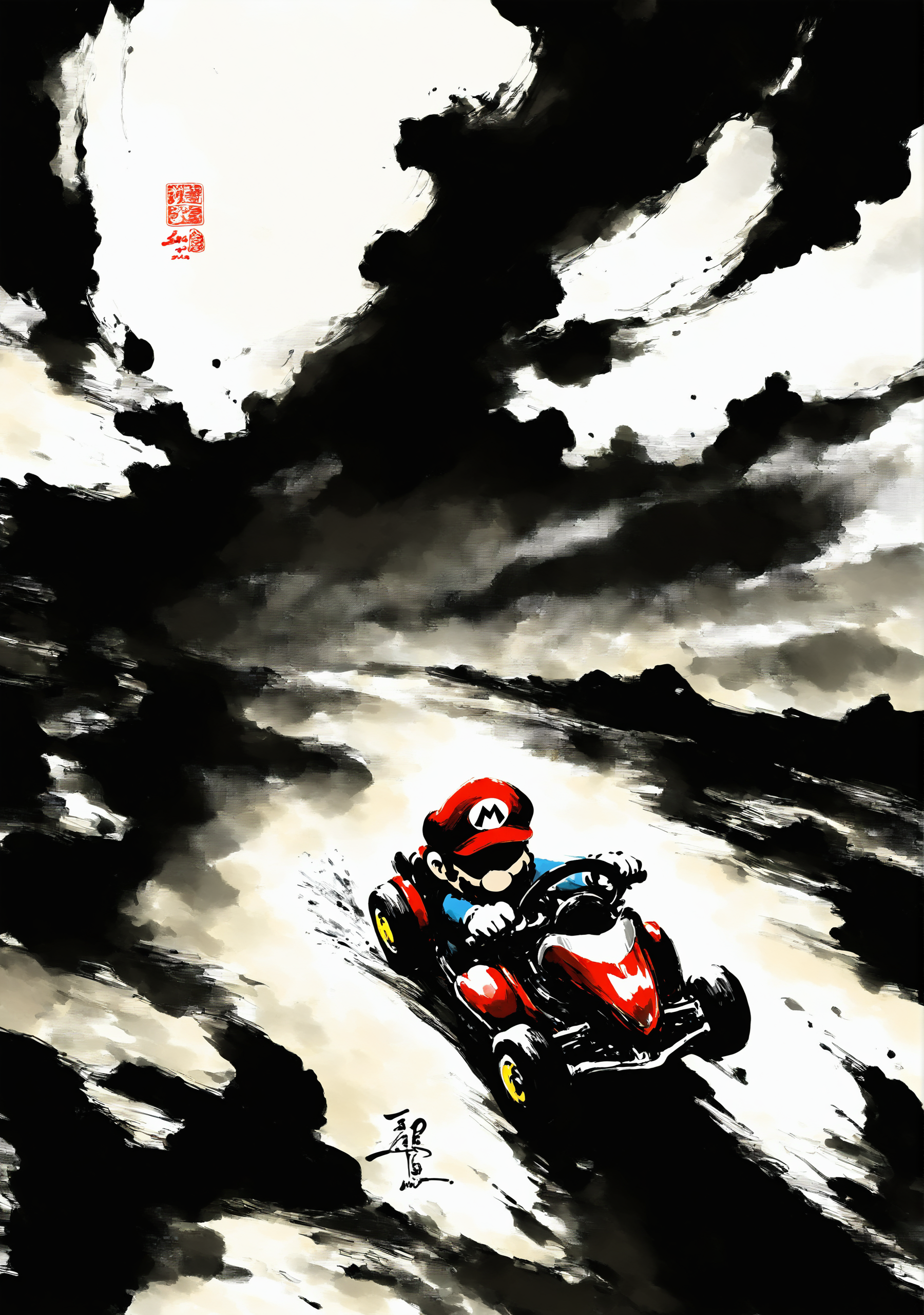 masterpiece,best quality,<lora:yi-noob:1>,ink wash painting,
1boy,mario,red hat,driving,mario kart,