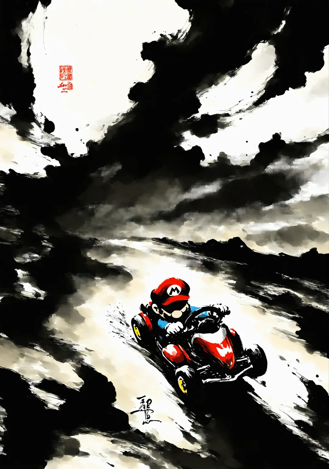 masterpiece,best quality,<lora:yi-noob:1>,ink wash painting,
1boy,mario,red hat,driving,mario kart,