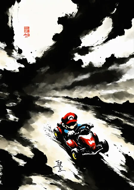 masterpiece,best quality,<lora:yi-noob:1>,ink wash painting,
1boy,mario,red hat,driving,mario kart,