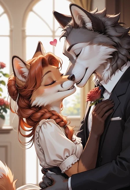 score_9, score_8_up, score_7_up, source_furry, rating_safe, detailed,
vintage, retro, victorian era, valentine theme,
indoors, mansion, fancy interior,
1girl, 1boy, romantic couple, roses, side view, girl focus, (face focus:1.3), (close-up:1.3),
furry female, (anthro fox girl:1.2), beautiful fox, cute fox, adult, beautiful face, detailed face, orange hair, single braid, (detailed hand), (good hand), (5 fingers),
furry male, (anthro male gray_wolf:1.2), wolf male, muscular wolf, dominant wolf,
formal clothes, old-fashioned clothes,
standing close, hugging, happy, happy expression, love, lovestruck, flying hearts, head on another's chest, leaning on another, closed eyes,