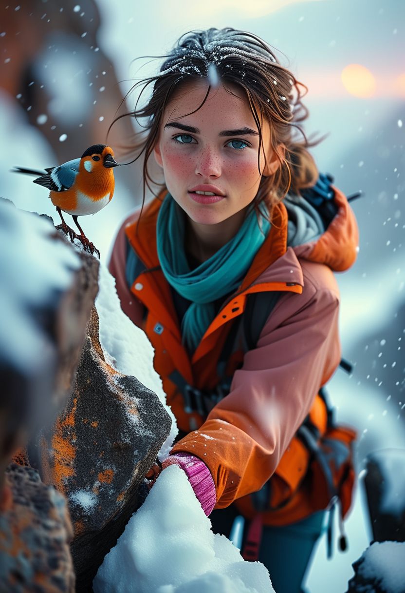 (5mm, closeup with afterglow, backlit, cute 20 year old woman in a snow storm mountain climbing on a rock cliff climbing vertical, eye contact, slight smile, dangling arm hold a pickaxe:1.1), (brilliant pastel colors, dark natural hues:1.4), (pretty bird on a rock, cocking it's head and looking:1.1), (dramatic pose or action pose:1.2), (Artist design by (Guy Aroch:1.3) and (Alessio Albi:1.6)), (disaster scene from a movie), (slightly windy)