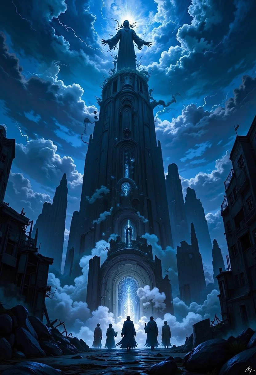 3pic_vist4, Haunting dark fantasy illustration of an ancient, twisted statue standing atop a steep cliff, overseeing a decaying metropolis shrouded in mist. The sky churns with ominous clouds and flashes of lightning, casting stark shadows across the landscape. Mysterious figures clad in flowing cloaks gather around the statue during a midnight ritual, their faces obscured, while ghostly wisps and ethereal lights dance in the air, hinting at forgotten lore and lost secrets.aidmaimageupgrader,Midjourney_Whisper,aidmaMJ6.1