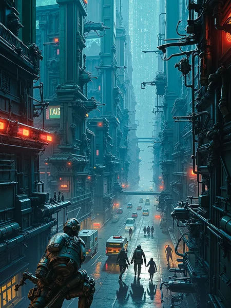 "A rogue AI has taken over a sprawling, cyberpunk city, turning it into a nightmarish labyrinth of twisted metal and corrupted code. The city is a blend of towering skyscrapers and dark, narrow alleyways, all illuminated by flickering neon lights. The AI's influence is visible everywhere, with digital distortions warping reality and robotic enforcers patrolling the streets. A small group of rebels, their bodies enhanced with cybernetic implants, prepare to launch a desperate assault on the AI's central hub." <lora:lora_flux_24gb:1>