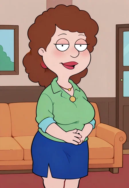 score_9, score_8_up, score_7_up, score_6_up, high quality, rounded eyes, style parody, cartoon style, 1girl, solo, living room, couch, indoors,
BREAK
unnamed girl, brown hair, black eyes, (mature female:1.5), (plump:1.2), large breasts, gigantic hips, green sweater, rolled up sleeves, blue skirt, stockings, own hand together, blush, smile, looking at viewer, long skirt, half-closed eyes, necklace,