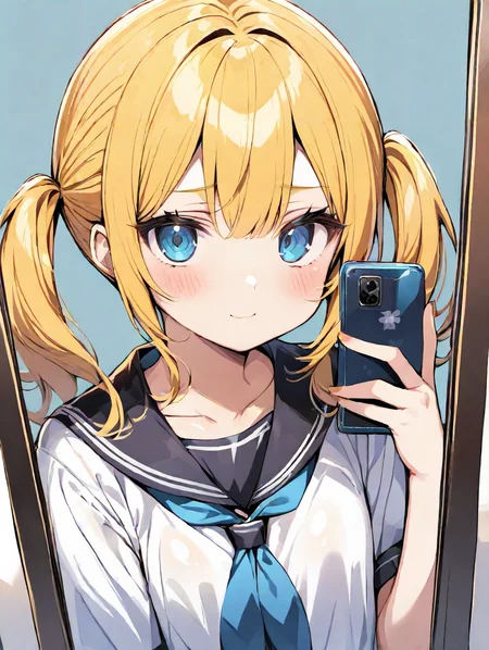 masterpiece,ultra-detailed,best quality,8K,illustration,cute face,clean skin ,shiny hair,girl,ultra-detailed-eyes,simple background, <lora:add-detail-xl:1> <lora:selfie_XL_illustrious_V1.0:1> selfie, holding smartphone, mirror, reflection,serafuku