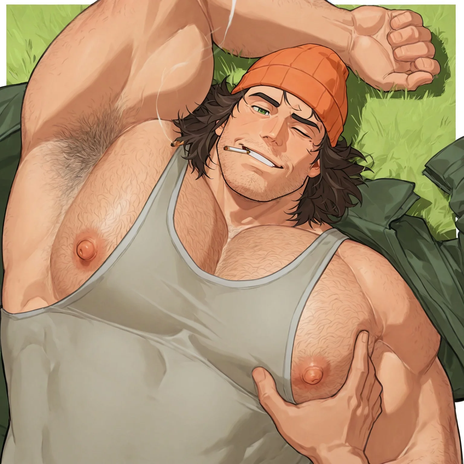 masterpiece, best quality, newest, absurdres, highres, white borders around characters, dim Light, dark soft light, school, day, outside, detailed background, intricate details, BREAK bara, muscular male, male focus, 1man, plump, male focus, 1boy, pecs, huge shoulders, thin waist, medium hair, messy hair, dark brown hair, stubble, green eyes, {{beefy}}, {{muscular}}, {{large}}, {{tall}}, portrait, HD, detailed, alone, close up, face closeup, upper body focus, dutch angle, zoom in, orange beanie, dark green jacket, long sleeves gray tank top, tight tank top, body covered, chest covered, joint in mouth, spliff in mouth, eyes half closed, tired, sleepy, looking at viewer, face close up, viewer's pov, hairy shoulders, smirk, cigarette on hand, one arm up,lay on grass, view from above, top angle, pov, pecs groped, gropingg nipples, smirk, wink