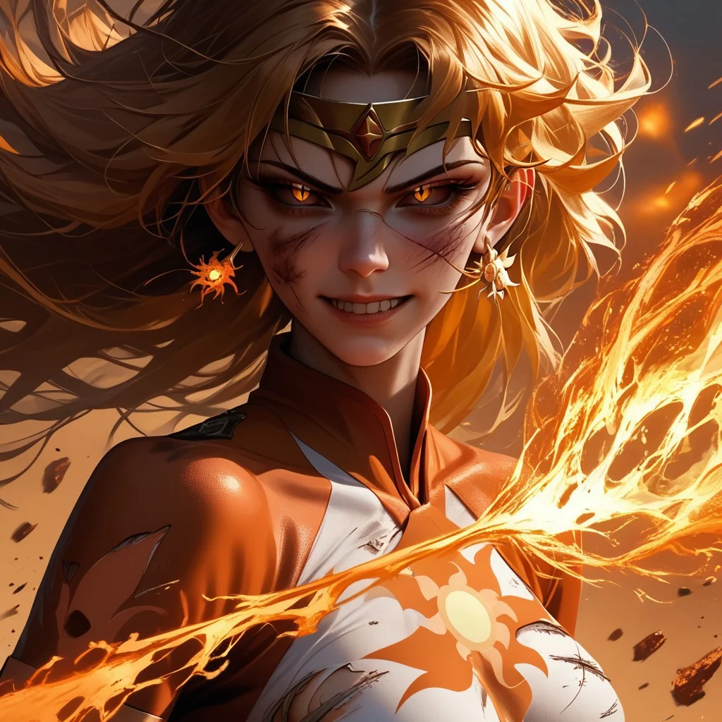 score_9, score_8_up, score_7_up, score_6_up, score_5_up, score_4_up, 1girl, daybreaker, superhero, long hair, torn clothes, cuts and bruises, evil smile, wind blowing hair, golden energy, large breasts, skinny,