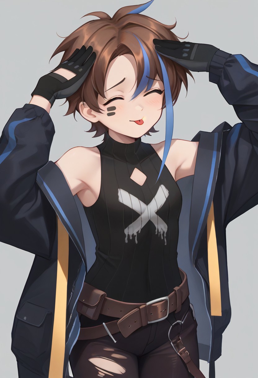 score_9, score_7_up, source_anime, BREAK, AhEtoBlehMeme, closed eyes, tongue out, :p, hands on own head, smile brown hair, multicolored hair, streaked hair, blue hair, hands at sides, off-shoulder, jacket, torn pants, belt, gloves, sleeveless, tank top,