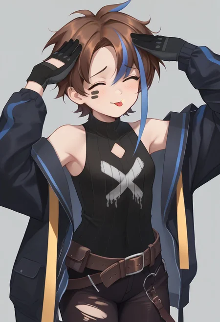 score_9, score_7_up, source_anime, BREAK, AhEtoBlehMeme, closed eyes, tongue out, :p, hands on own head, smile brown hair, multicolored hair, streaked hair, blue hair, hands at sides, off-shoulder, jacket, torn pants, belt, gloves, sleeveless, tank top,
