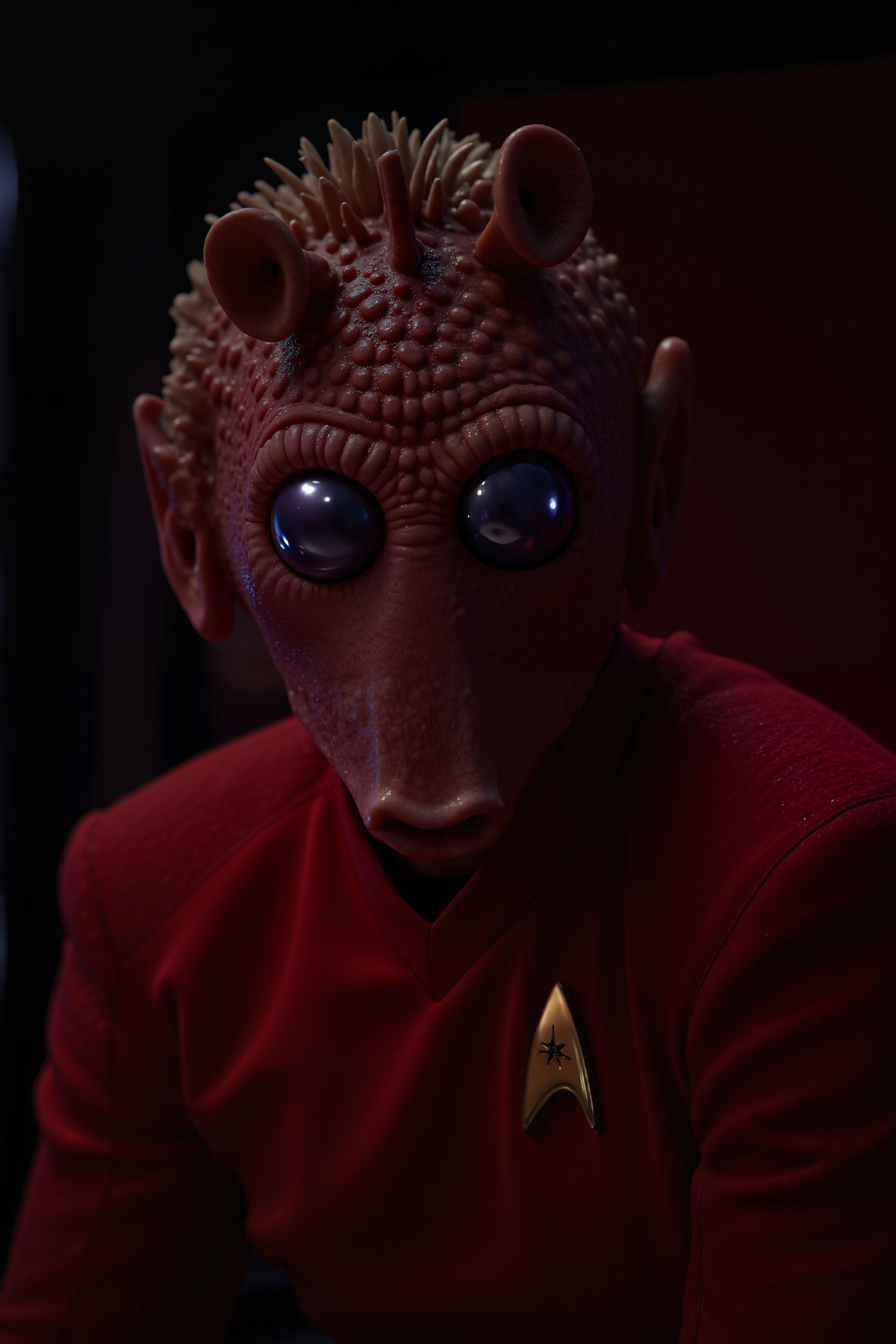 A hyper-realistic portrait, photorealistic photo close-up image of  A full body shot of Rodian alien man with snout in a red SNW uniform (photography, high-resolution, dynamic, energetic,hyper-realistic, dramatic lighting, shallow depth of field.), detailmaximizer, MythP0rt<lora:aidmaMJ6.1-FLUX-V0.1:0.4><lora:FluxMythP0rtr4itStyle:0.4><lora:detailed_flux_ntc:2.2><lora:aidmaImageUpgrader-FLUX-V0.1:0.65><lora:RODIAN_1:1.1><lora:SNW_FLUX_V2:1.1>