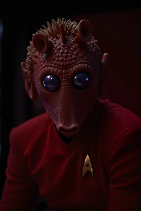 A hyper-realistic portrait, photorealistic photo close-up image of A full body shot of Rodian alien man with snout in a red SNW uniform (photography, high-resolution, dynamic, energetic,hyper-realistic, dramatic lighting, shallow depth of field.), detailmaximizer, MythP0rt<lora:aidmaMJ6.1-FLUX-V0.1:0.4><lora:FluxMythP0rtr4itStyle:0.4><lora:detailed_flux_ntc:2.2><lora:aidmaImageUpgrader-FLUX-V0.1:0.65><lora:RODIAN_1:1.1><lora:SNW_FLUX_V2:1.1>