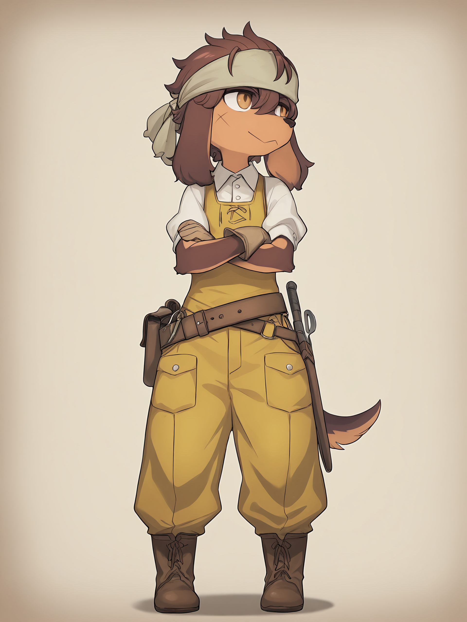 BREAK, <lora:Jin_Macchiato:1>, jin macchiato, fuga: melodies of steel, kemono, furry male, young male, 1boy, dog boy, scar, scar on cheek, scar on right cheek, dark brown fur, light brown fur, multicolored fur, brown eyes, brown hair, hair between eyes, sidelocks, dog ears, long ears, floppy ears, snout,
BREAK, Fuga 2 Outfit, brown boots, yellow overalls, wide leather belt, toolbelt, tools, white button-up shirt, short sleeves, puffy sleeves, gloves, bandana 
BREAK, solo, full body, looking away, standing, :>, arms crossed, narrowed eyes, proud,