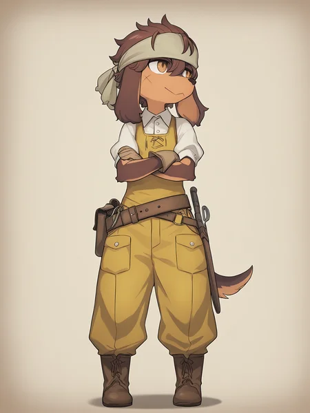 BREAK, <lora:Jin_Macchiato:1>, jin macchiato, fuga: melodies of steel, kemono, furry male, young male, 1boy, dog boy, scar, scar on cheek, scar on right cheek, dark brown fur, light brown fur, multicolored fur, brown eyes, brown hair, hair between eyes, sidelocks, dog ears, long ears, floppy ears, snout,
BREAK, Fuga 2 Outfit, brown boots, yellow overalls, wide leather belt, toolbelt, tools, white button-up shirt, short sleeves, puffy sleeves, gloves, bandana 
BREAK, solo, full body, looking away, standing, :>, arms crossed, narrowed eyes, proud,