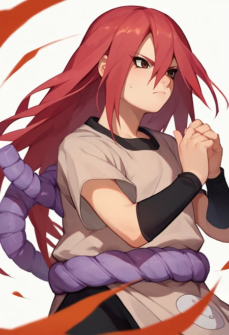 score_9, score_8_up, score_7_up, source_anime, <lora:Tayuya-000012:1> tayuya, red hair, long hair, brown eyes, tan tunic, purple rope belt, black shorts, arm warmers,