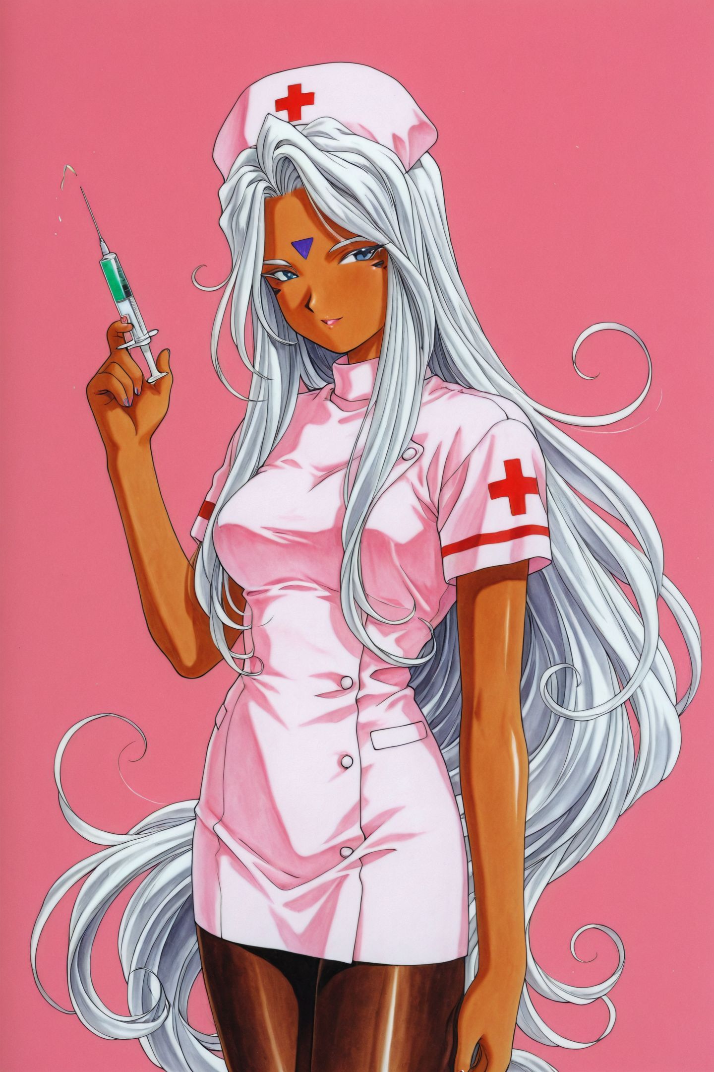 Urd,1girl,solo,nurse,syringe,long hair,hat,forehead mark,facial mark,nurse cap,pantyhose,dark skin,white hair,dark-skinned female,very long hair,traditional media,1990s \(style\),
<lora:Ah! My Goddess_illustriousXL:1>,