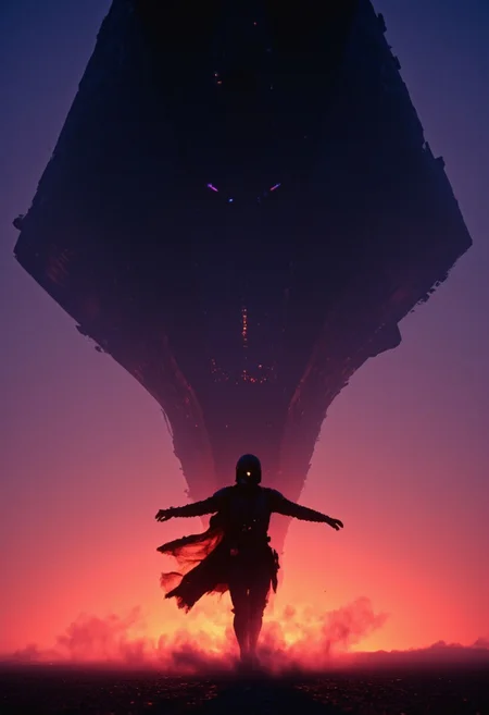 A lone Mandalorian bounty hunter looms in the foreground, his beskar armor swallowing the last dying light of a sun long set. The deep, bruised shades of crimson and violet stain the horizon, casting jagged edges around his imposing silhouette. His helmet—featureless, expressionless—reflects nothing, a cold void where a face should be.
No warmth lingers in the air. Mist coils around his legs like spectral hands, devouring the ground beneath him, as if the planet itself seeks to reclaim him. His gloved fingers rest lightly on the worn grip of his blaster, the weapon hanging heavy at his side, waiting. The weight of unseen violence presses against the silence, coiled and patient.
Above him, blotting out the sky, a colossal Star Destroyer looms in the darkness—old, battle-scarred, and terrifying in its sheer presence. Its hull is pitted with the scars of a thousand battles, yet it drifts in eerie silence, its massive silhouette devouring the faint starlight. The ship’s underbelly bristles with turrets, their lifeless muzzles aimed downward like the gaze of a slumbering giant. Faint, cold lights pulse along its surface, the only sign that something inside still breathes.
The Mandalorian does not shift, does not breathe—he simply exists, a relentless force of fate standing between survival and the abyss. And above him, the war machine waits, a silent god hanging in the void.