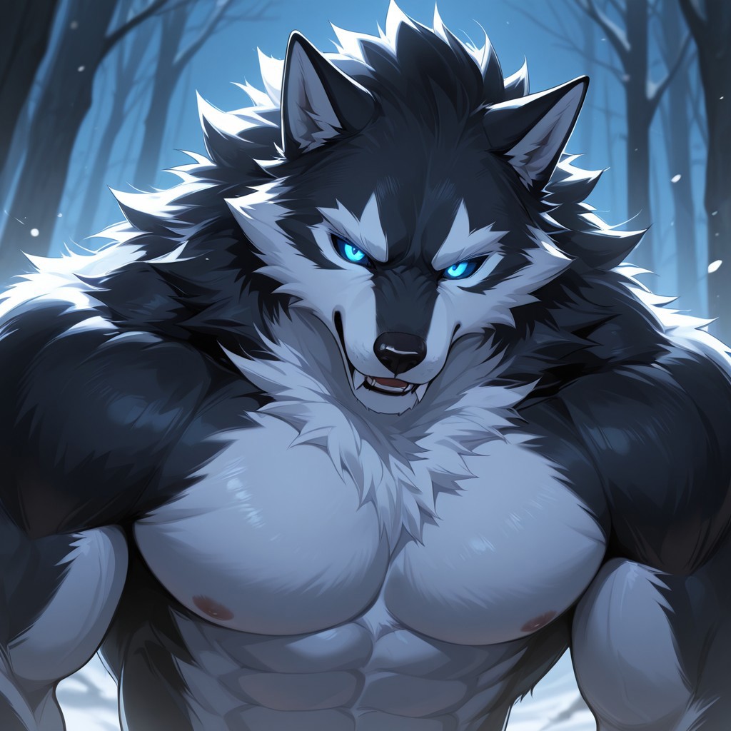 masterpiece, detailed background, best quality, absurd res, high detail, aesthetic, smooth drawing, 
Werewolf, Male, Canine, Muscular, Buff, Black fur, white fur, two toned fur, neck tuft, white underbelly, head tuft, black sclera, fangs, blue eyes, glowing eyes, no pupil, fluffy,