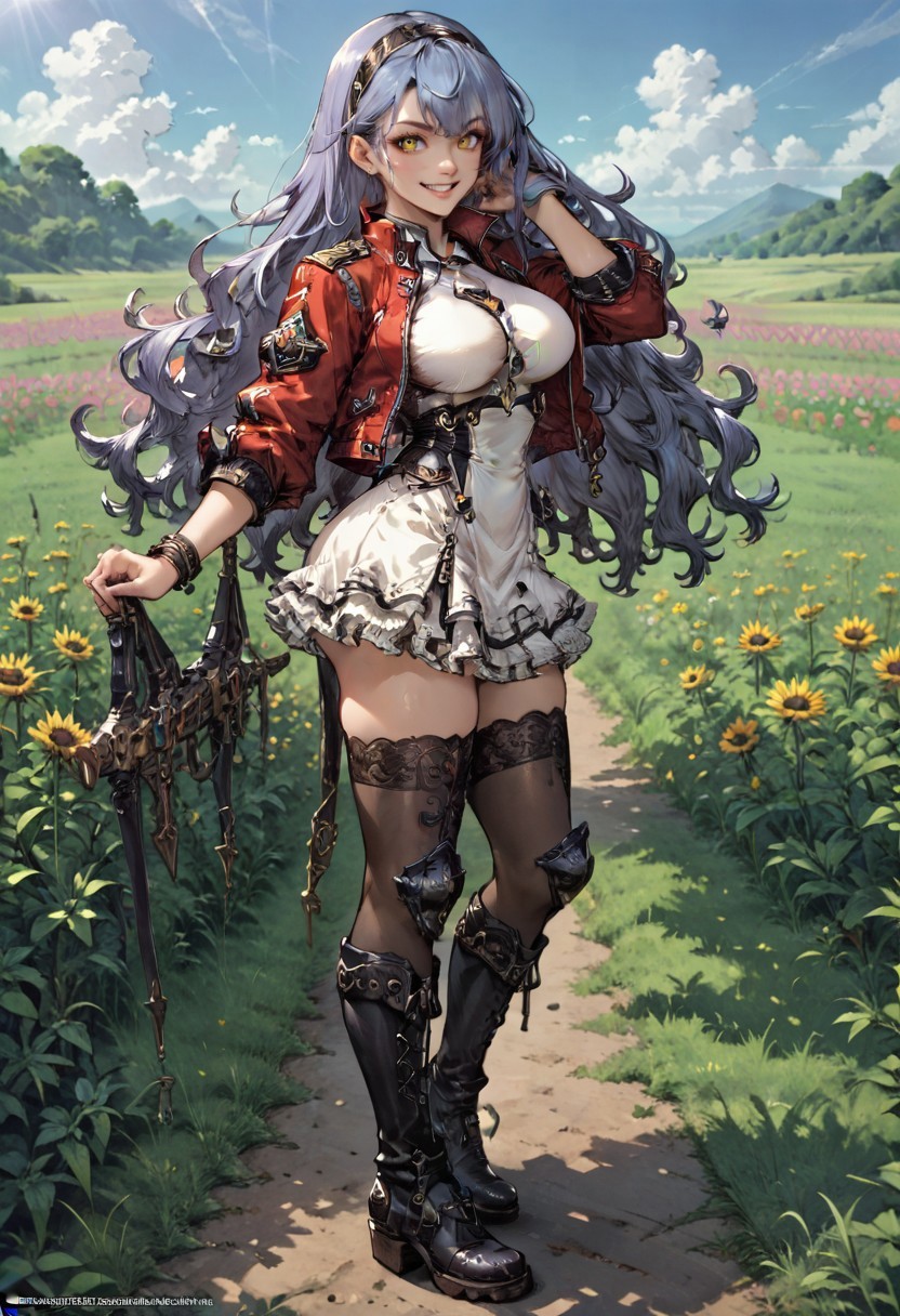 safe_pos, score_9, score_8_up, score_7_up,source anime,highly detailed, from side,perfect face,smiling, looking at viewer,elsirelle, 1girl, solo, yellow eyes,long hair, breasts, looking at viewer, ,large breasts, thighhighs, full body, red_jacket open, field, outside, sky,white_short_dress,kneeguard, boots