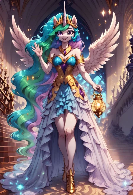 score_9, score_8_up, score_7_up, anthro,
(((Princess Celestia))), alicorn, (spread wings), horn, regalia,
facing viewer, front view, female focus, view from chesthight,
g5, pony, female, mare, tail, dock, solo, 1girl, highly detailed, beautiful, detailed eyes, detailed fur, beautiful eyes, (tall), ((perfect body proportions), (beautiful long legs),
small breasts, show accurate skin colour,
long hair, fluffy hair, biggest hair,
(((walking ((down)) a grand staircase))), (((waving to viewer))), ((happy, excited, smiling at viewer invitingly)),
(((wearing a beautiful, eyecoloured, bioluminescent, shoulderfree ballgown))), glowing ballgown,
BREAK,
highly detailed background, (((nighttime))), night
inside Canterlot castle, ballroom, ((grand staircase)), mirror marble floor, (((dimmed lights in the room))),
