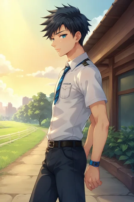 score_9, score_8_up, score_7_up, source_anime, rating_safe, intricate details, anime screencap, , , looking at viewer, , 1boy, solo, male focus, <lora:natsumi_hamasaki_pony:0.94>, natsumi_hamasaki, black hair, blue eyes, short hair, , profile, prairie, day, arms at sides, :D, , <lora:sdxl_lightning_8step_lora:1>