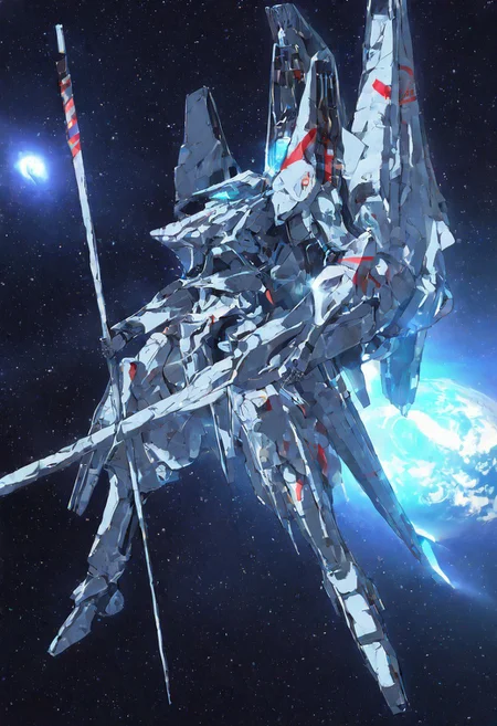 mecha,science fiction,no humans,glowing,retro artstyle,space,star \(sky\),planet,earth \(planet\),space craft,starry sky,weapon,milky way,masterpiece, best quality, very aesthetic, absurdres,
