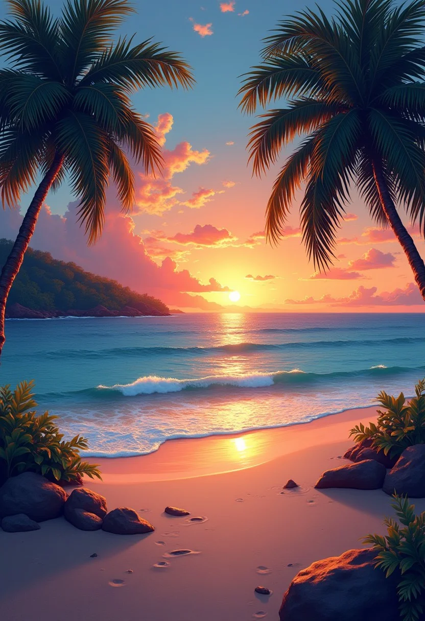 a painting of a tropical beach at sunset, trending on Artstation, digital art, 🪔 🎨;🌞🌄, beautiful detailed illustration, traditional art, trending on artstration, canvas painting, wallpaper - 1 0 2 4, trending artistic art, gorgeous art, digital cartoon painting art
