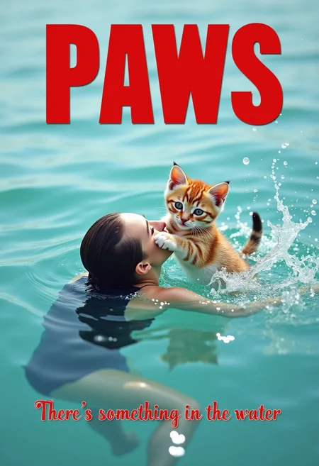 aidmaimageupgrader, a high quality realistic image of an adorable little kitten pawing at a woman swimming on her back in the sea, there is bold red text with a black outline across the top of the image saying "PAWS" and smaller red italics text across the bottom of the image saying "There's something in the water" on one line