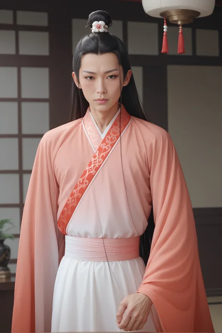 score_9, score_8_up, score_7_up, source_photo, looking at viewer, solo, 1boy, standing, hanfu, gradient dress, toned, hand on own chest, hair bun, pale skin, long hair, black hair, asian, black eyes, blush, hair ornament, realistic, <lora:ahliponyv1-000001:0.85>