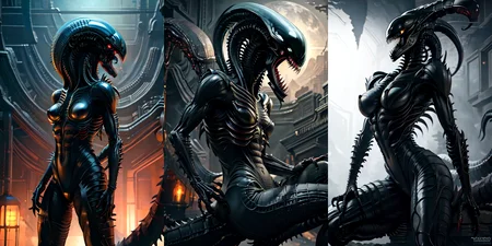 (otherworldly), highly insanely detailed, masterpiece, top quality, best quality, highres, 4k, 8k, RAW photo, (very aesthetic, beautiful and aesthetic),
__lazy-wildcards/cosplay-char/alien-predator/xenomorph/prompts__,
<lora:FemXeno:0.7>,
(1girl:1.3), eyes focus,
__lazy-wildcards/dataset/background__,âââ