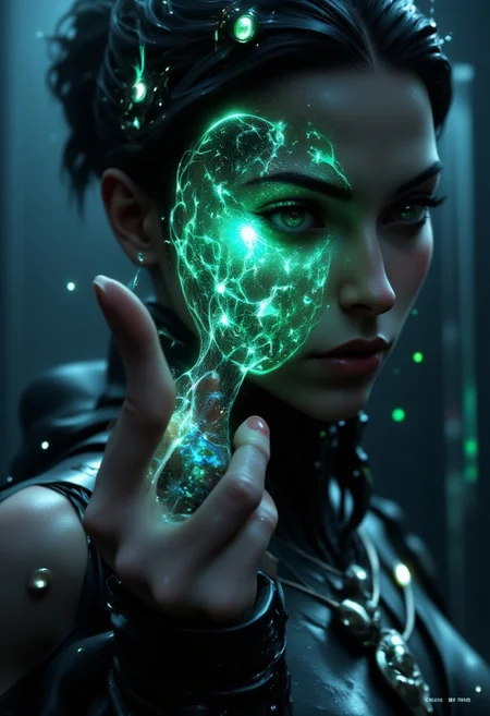 Emo woman upper body face close up. A hyper-detailed, futuristic close-up of a human fingertip illuminated by a soft green glow, revealing a complex, holographic circuit pattern etched into the skin, resembling a digital fingerprint. The intricate lines and nodes of the circuitry shimmer with a faint white and blue light, symbolizing advanced biometric technology. Surrounding the finger, a semi-transparent user interface displays scanning progress indicators, synchronization bars, and faint text overlays, adding to the high-tech aesthetic. The background is softly blurred, suggesting a sleek, digital environment while emphasizing the focus on the finger and its augmented details. <lora:aidmaFLUXPro1.1-FLUX-v0.3.safetensors:1.0>,  <lora:Dark side of light.safetensors:0.55>, <lora:Glitchcore_Flux.safetensors:0.8>,