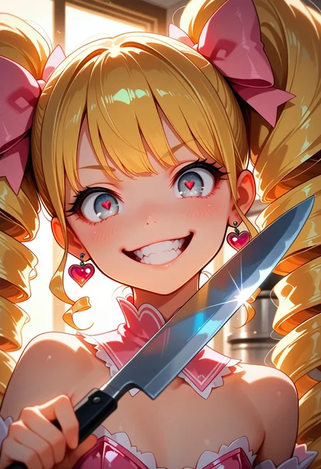 masterpiece, best quality, amazing quality, BREAK 1girl, 25 years old, perfect face, cute, petite,
detailed face, (portrait), face focus, depth of field, looking at viewer, (close up), crazy smile, holding knife, crazy, 
grey eyes,
blonde hair, very long hair, big hair, drill hair, twin drills, twintails, hair bow, huge bow, pink bow, 
heart earrings, 
pink dress, strapless dress, bare shoulders, detached collar,
kitchen,