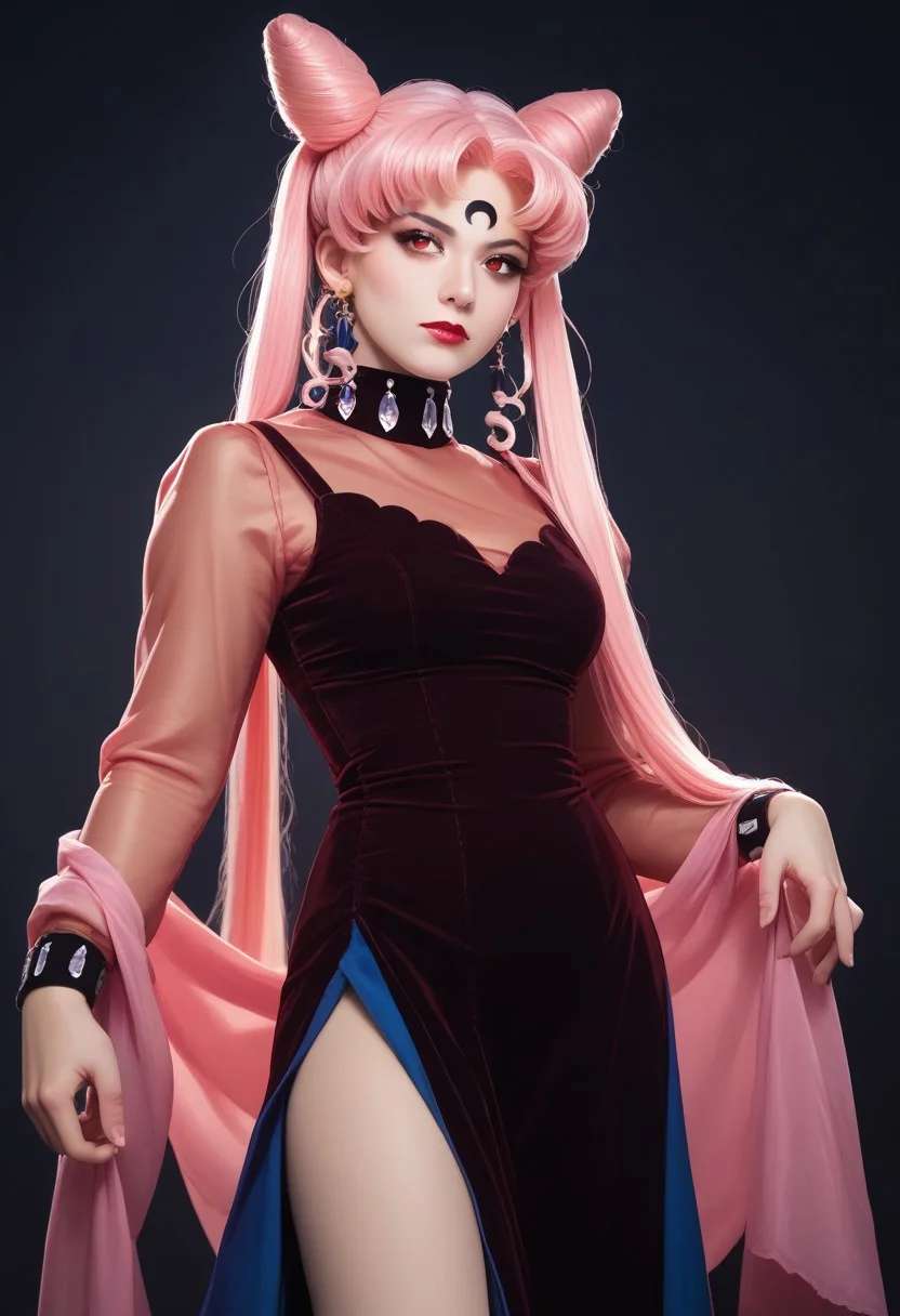 score_9,score_8_up,score_7_up, realistic, masterpiece, best quality, 1girl, black lady, 1girl, solo, long hair, red eyes, dress, twintails, jewelry, very long hair, pink hair, earrings, hair bun, see-through, double bun, makeup, facial mark, lipstick, crescent, side slit, aged up, forehead mark, cone hair bun, crescent facial mark, crystal earrings