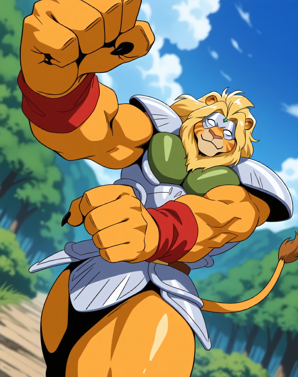 <lora:Kutal_(Shinzo)_(Illustrious)_(AD):1.35> Kutal, muscular, Shinzo, 
exterior, vivid anime blue sky with detailed clouds, forest, deep valley, 
dynamic action, dutch angle, solid white eyes, smile, mighty and strong, solo, eye mask, cowboy shot, lion tail, bent leg, yellow hair, 
large biceps, large muscular shoulders, large muscular arms, large muscular thighs, orange body, orange fur, orange skin, 
BREAK: very awe, aesthetically pleasing, masterpiece, best quality, amazing quality, very aesthetic, perfect depth of field shot, subsurface reflections, gradient coloring, source_furry, furry_art, 
BREAK: lazympos, lazypos (3),