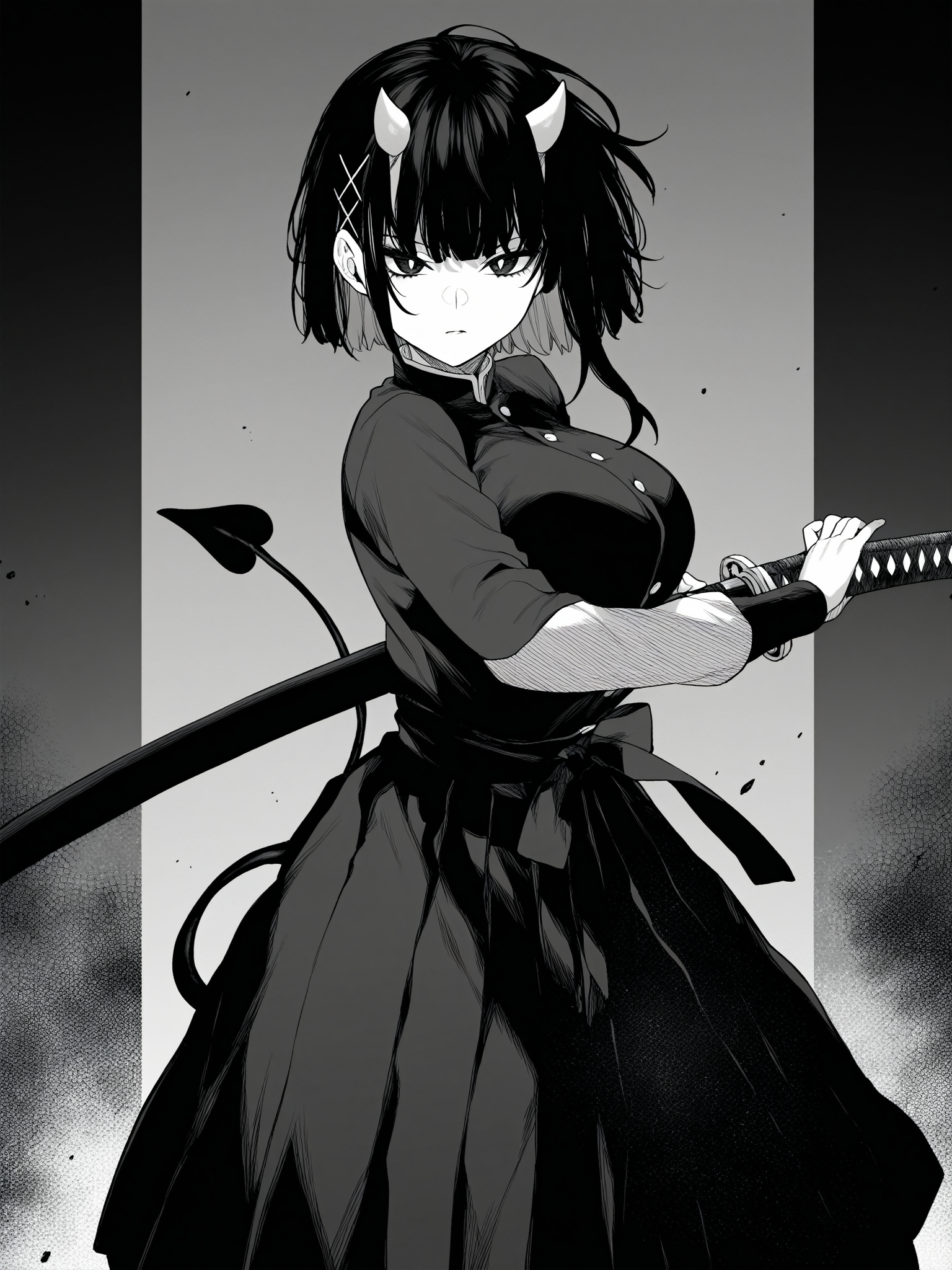 highres,hi res,best quality,masterpiece,intricate details,absurdres,4k,anime screencap,anime coloring,<lora:jiunssyuV1:1>,
jiunssyu,horns,greyscale,monochrome,1girl,tail,demon tail,large breasts,demon horns,demon girl,hair ornament,x hair ornament,black hair,
battoujutsu stance,looking at viewer,holding,weapon,sword,holding weapon,holding sword,standing,katana,sheath,sheathed,fighting stance,ready to draw,