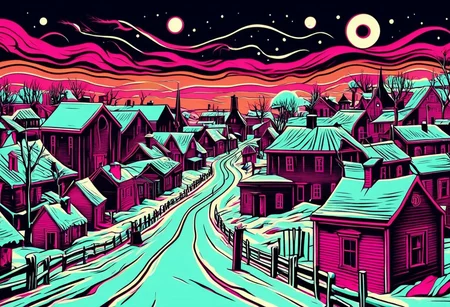 3d cosmic horror vector graphic of a little town in the 1849 famine of walla walla during the battle of winter waterloo, high quality, high resolution, neonnightmares, very detailed, bold lines, high contrast, Duncan Gutteridge