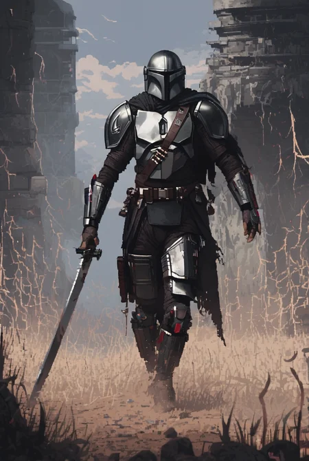 The Mandalorian, solo, gloves, 1boy,   science fiction, holding black sword, white lightning, holding blade, weapon
 armour, gunmetal armour trim, intricate patterns, highly precise
[pixel art,  detailed,]
  <lora:d3p1x3lXLP:1>  <lora:The Mandalorian PONY:1>