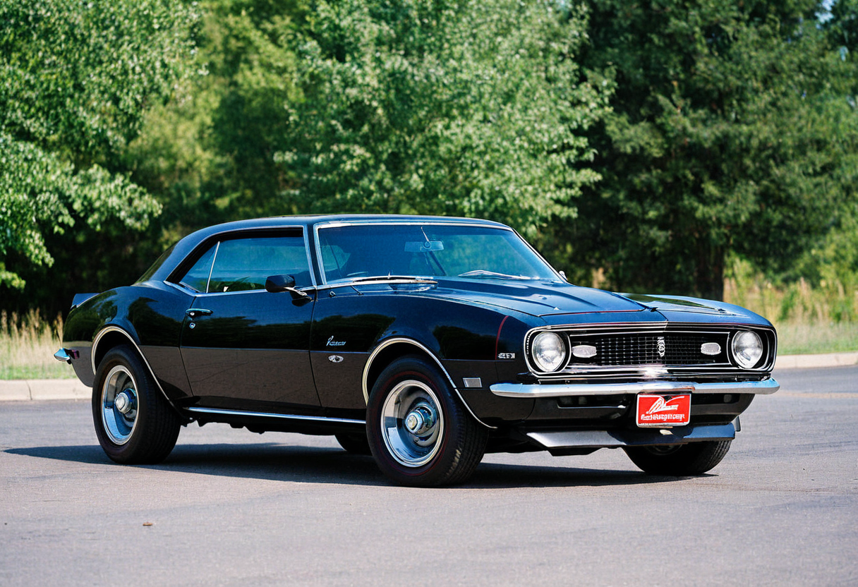 VintageMuscleCar, Chevrolet Camaro, front side view, road, trees, landscape, outdoors, 4K, highly detailed, (stylish grainy analog 35mm film photo)