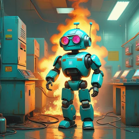 "Sports Illustrated" (the Magazine) style.
Full body portrait of "Kawaii Robot-Janitor With Hot-Bright-Cyan body and Neon Party-Glasses Smiling at the viewer while the server room is burning with flames, smoke and sparks" (from Grand Theft Auto Five). 
In  "Tech Product Infomercial" aesthetic. 
By "Simon Stalenhag".
Life-like details.
Cinematic. 
Dramatic. 
Dynamic. 
Extremely refined lines and and shapes.
Extremely refined details on objects.
Sharp details.
Wide range of colors.
Many details everywhere. Ray-Tracing. Anti-Aliasing. Realistic soft shadows. Low saturation colors. Insane quality. Insane resolution. Insane details. Masterpiece. 32k resolution.