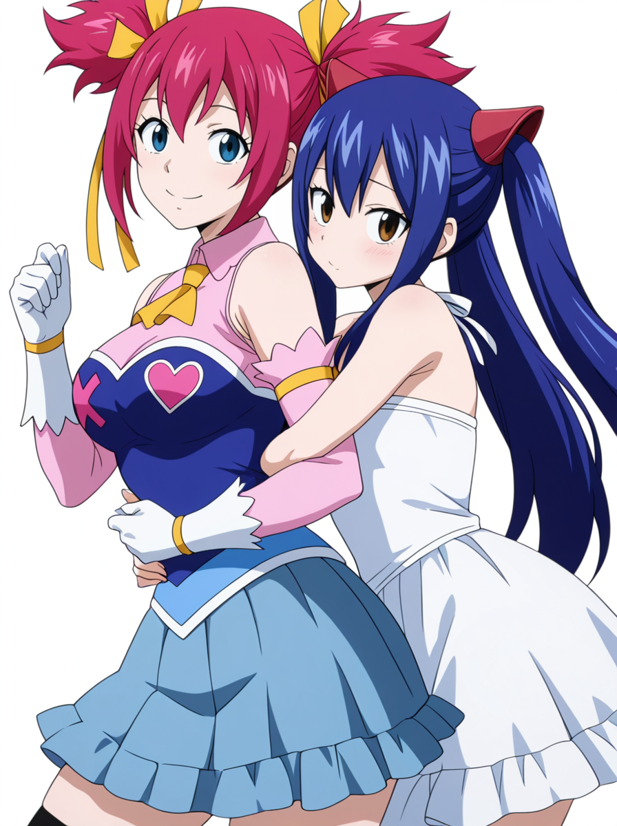 masterpiece, best quality, amazing quality, very aesthetic, absurdres, newest, anime screenshot,  anime screenshot,   simple background,  white background,  looking at viewer, 2girls side-by-side, hug from side,
BREAK <lora:SherriaBlendyIllust:0.8>sherriablendyillust, twintails, 1girl, ribbon, blue eyes, hair ribbon, pink hair, short twintails, skirt, thighhighs, yellow ribbon detached sleeves,  white gloves,  smile 
BREAK wendy marvell,  white_dress