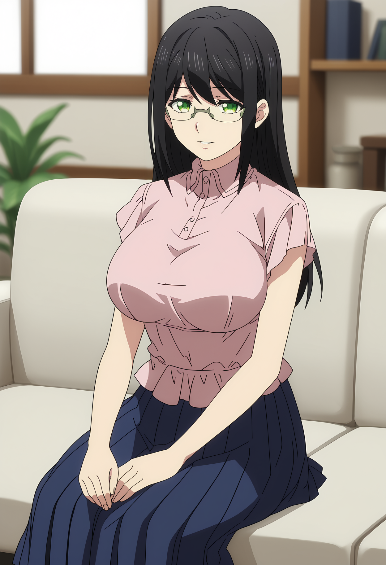 score_7_up, anime screencap,
<lora:ShuumatsuNoHarem_HanyuuYuzukiXL:0.9>,
1girl, solo, parted lips, light smile,
black hair, long hair, green eyes, semi-rimless eyewear,
HanyuuYuzuki, frilled shirt, pink shirt, short sleeves, large breasts, pleated skirt, long skirt, blue skirt, black pantyhose,
sitting, looking at viewer, cowboy shot,
couch, indoors, blurry background