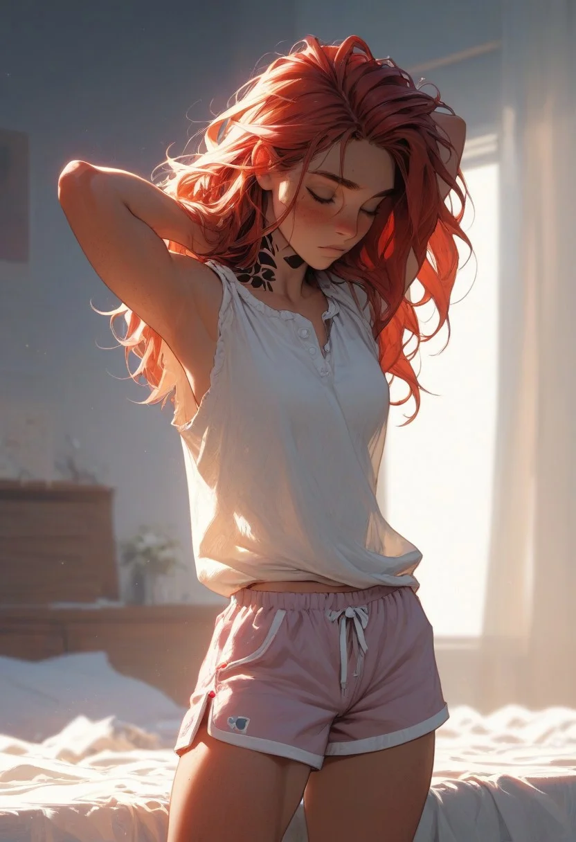 Expressiveh, pureerosface_v1,
score_9, score_8_up, score_7_up, score_6_up, semi realistic, masterpiece, raw quality, best quality, HD, extremely detailed, high definition, stunning beautiful,
small breasts, muscular build, toned physique, broad shoulders, freckled skin, sun-kissed complexion, medium-length red hair, ember eyes, defined jawline, eyebrow slit, black tattoo on neck,
Waking up, stretching with a relaxed yet focused expression, standing by the edge of the bed,
Cotton pajama top, comfy shorts, loose hair, relaxed expression
