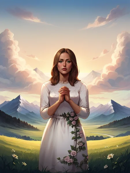 score_9, score_8_up, score_7_up,Faithwaifu, handfixer, solo, white dress, floral print, cloud, cloudy sky, field, grass, hill, interlocked fingers, landscape, mountain, mountainous horizon, outdoors, own hands clasped, own hands together, sky, solo, sun, tree<lora:add-detail-xl:1> , <lora:Faith_character:1>, <lora:HandFixer_pdxl_Incrs_v1:0.5>