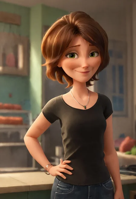 <lora:AuntCassBH6Pony1.0:1>auntcass, 1girl, brown hair, short hair, solo, black shirt, necklace, green eyes, smile, jeans, bracelet, looking at viewer, score_9, score_8_up, score_7_up, score_6_up, score_5_up, score_4_up, looking at viewer, hand on own hip, cowboy shot,indoors,