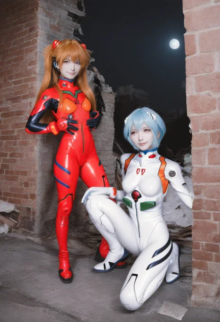 DSLR,film photography,(photo,realistic,photorealistic:1.2),cosplay, lighting,flash photography,masterpiece, best quality, very aesthetic, absurdres,2girls,ayanami rei,plugsuit,souryuu asuka langley,blue hair,white bodysuit,red bodysuit,red eyes,short hair,blue eyes,interface headset,headphones,long hair,orange hair,smile,pilot suit,full moon,night sky,ruins, <lora:noobXL-realistic-V1:1>,<lora:noobReal-V1:0.9>