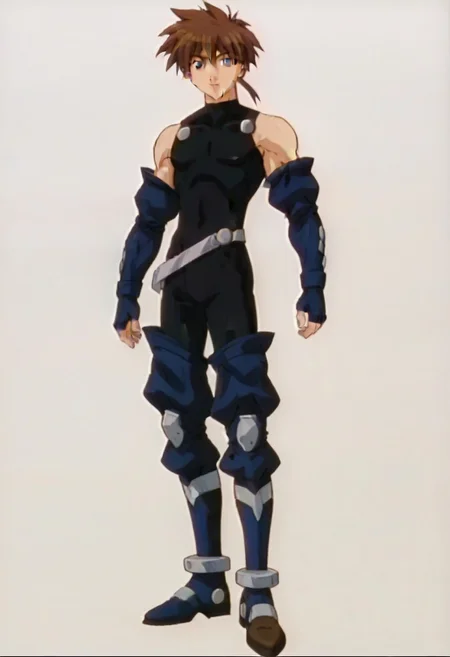 ((masterpiece)), ((best quality)), ((ultra-detailed)), ((absurdres)), score_9_up, score_8_up, score_7_up,
HD, top quality, best quality, amazing quality, High-quality illustrations, anime screencap, source_anime, best aesthetic, perfect proportions, perfect eyes, 1boy, 1male, male anime character, anime boy, solo male, male focus, handsome, attractive, cute, sexy, ((slim body, lean body, slender body)), ((tall, tall body, tall height)), looking at viewer, looking at front, front shot, front view, Gau Ban, brown hair, blue eyes, black body suit, sleeveless, blue fingerless arm warmers, silver belt, blue leg warmers, brown greaves with silver linings, blue shoes, full body shot, head to feet shot