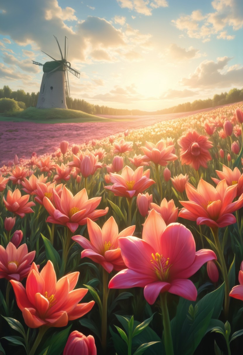 detailed background, from above,( Calm spring morning landscape), beautiful view, Flower Field, lily flower in full bloom, lily flower, early morning, sunrise sky, beautiful clouds, dappled sunlight, 
I can see a windmill in the distance, 
depth of field, masterpiece, best quality, ultra-detailed, very aesthetic, illustration, perfect composition, intricate details, absurdres, moody lighting, wisps of light, no humans,