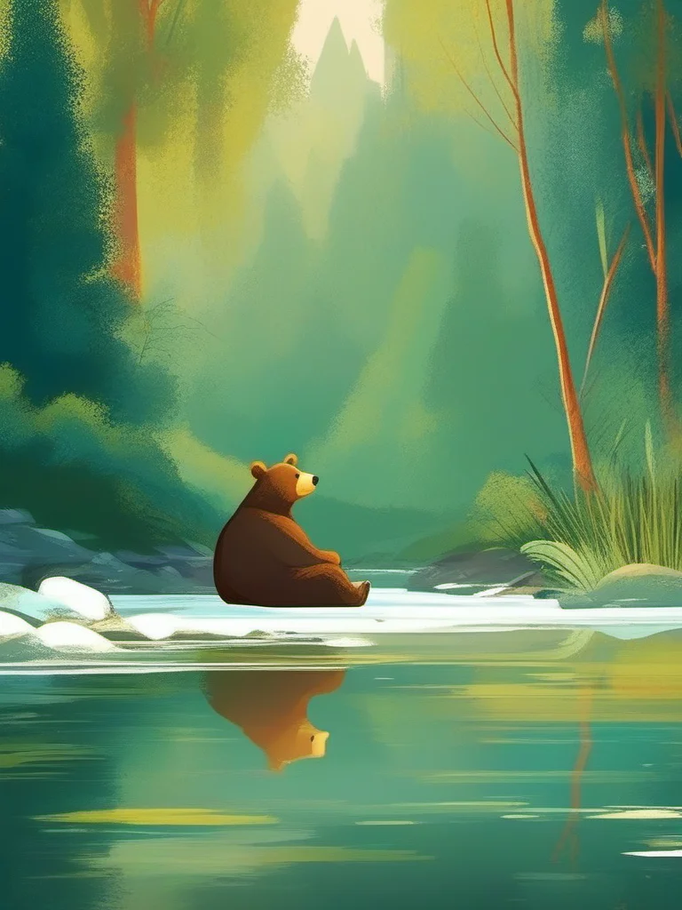 A bear is sitting side river, <lora:kids:1> illuillustration,