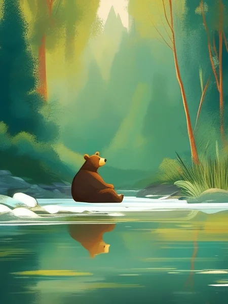 A bear is sitting side river, <lora:kids:1> illuillustration,