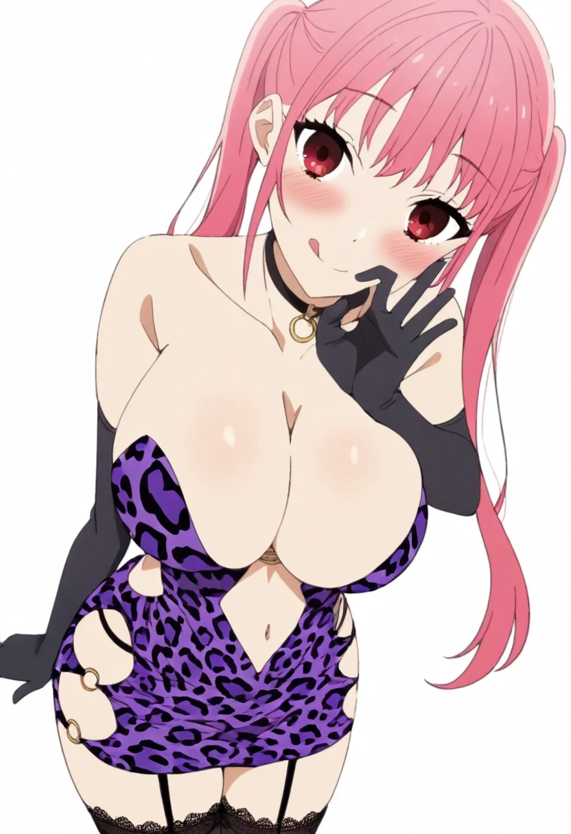 1 girl,solo,nsfw,masterpiece,best quality,white complexion,blushing,uncensored,
<lora:Remi_Ayasaki:0.8>,ayasaki remi, pink hair, long hair, twintails, red eyes,
:q, licking_lips,closed_mouth,
<lora:sple_suednires_pethrosh24:0.8>,
purple dress,short dress,
underwear,black panties,
black gloves,elbow gloves,
lace-trimmed legwear,
black thighhighs,
leopard print,
garter straps,garter belt,
black choker,
o-ring,
lace trim,
clothing cutout,
navel cutout,
strapless,
cleavage,bare shoulders,
collarbone,
navel,
((huge_breasts)),(two breast),no pubic hair,
standing,fellatio gesture,
looking at viewer,white background,